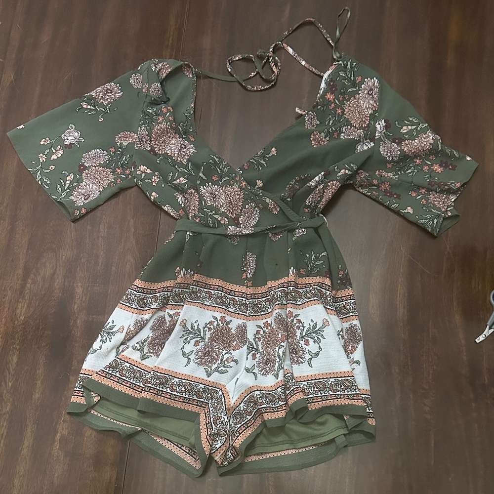 Blue Rain Floral Green Romper